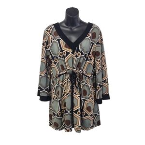 Susan Lawrence Woman 2X Geometric Print Tie-Waist Black Brown V-Neck 3/4 Sleeve
